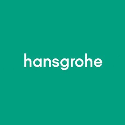 Hansgrohe logo in white on a teal background Hansgrohe logo in white on a teal background