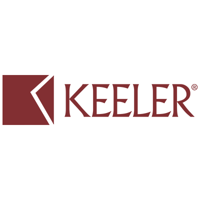 KEELER logo in burgundy with a stylized triangular mark on a white background KEELER logo in burgundy with a stylized triangular mark on a white background