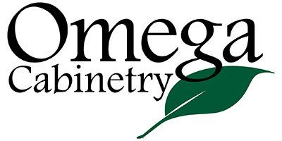 Omega Cabinetry logo with black text and a green leaf graphic Omega Cabinetry logo with black text and a green leaf graphic