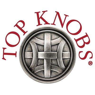 Top Knobs logo with red text arched over a silver woven emblem Top Knobs logo with red text arched over a silver woven emblem