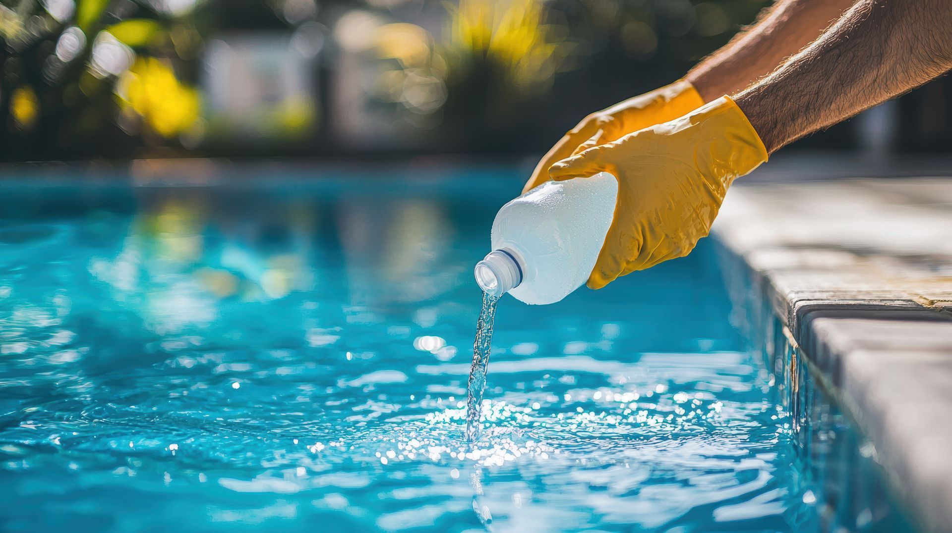 Person pouring liquid chlorine into swimming pool, showcasing effective pool maintenance Person pouring liquid chlorine into swimming pool, showcasing effective pool maintenance