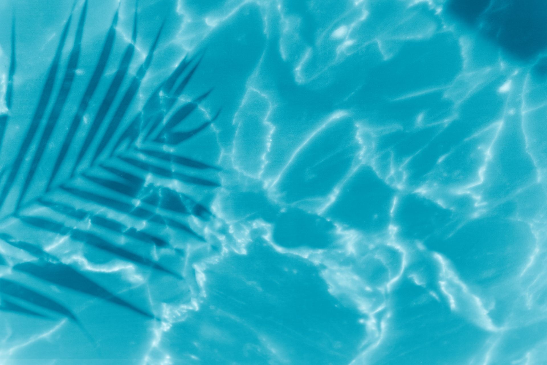 Turquoise pool water with sunlit ripples and a palm frond shadow