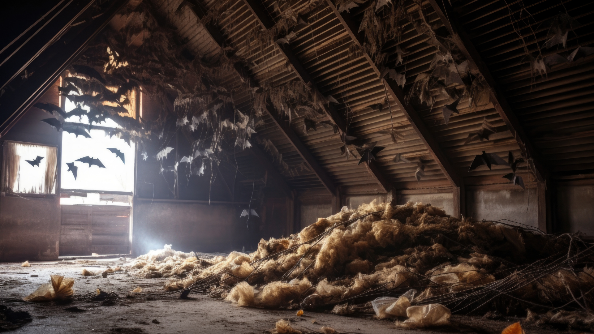 Bats flying in a dusty attic with a pile of insulation and a window.