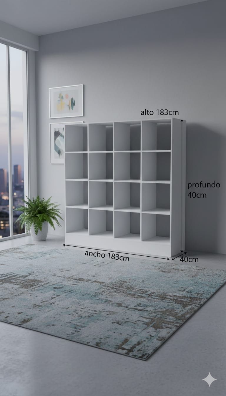 Estantería cúbica blanca en una habitación gris con alfombra, planta y cuadro en la pared.