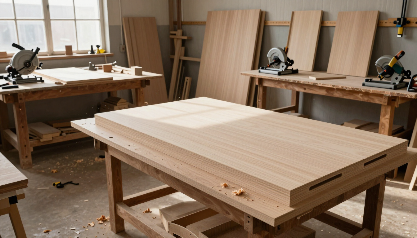 Banco de trabajo de madera en un taller de carpintería, con un gran panel sin acabado centrado entre herramientas y bancos.