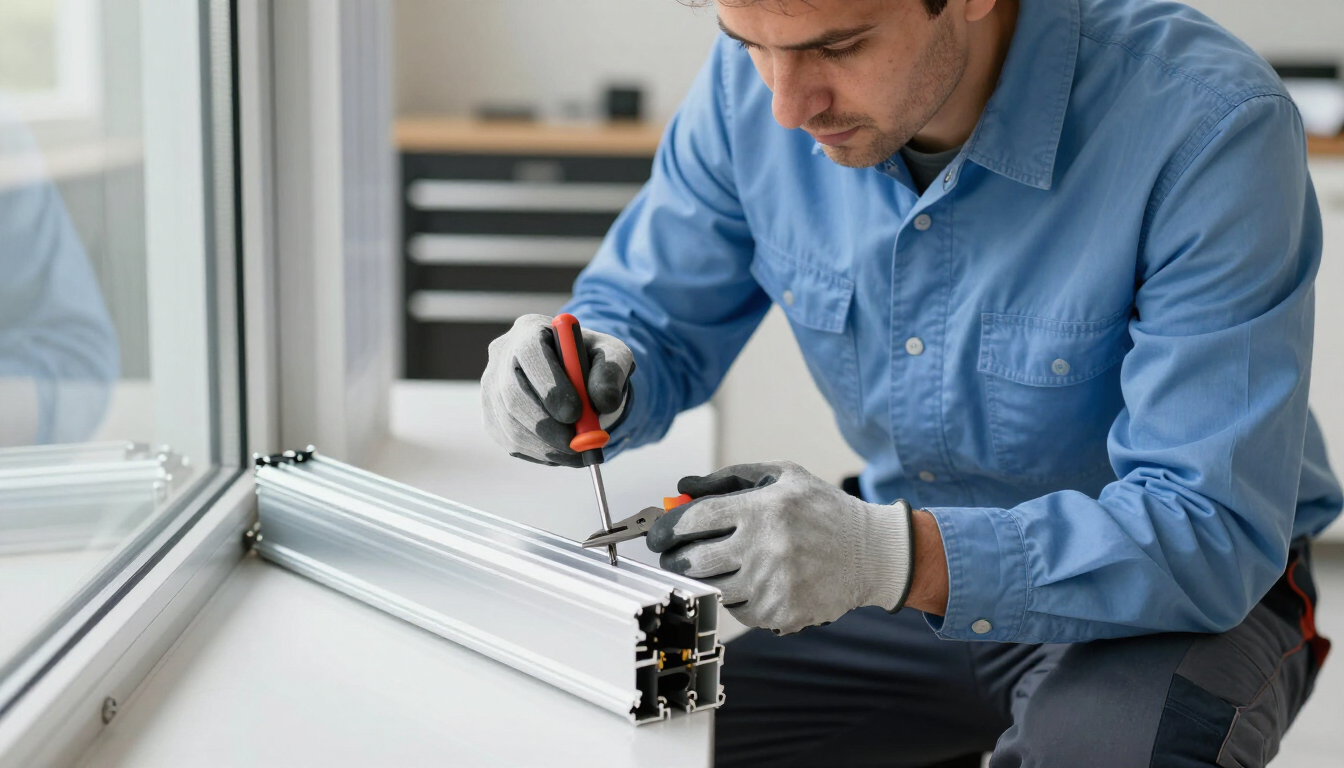 Un técnico con camisa azul repara un marco de ventana blanco con un destornillador en el interior de una vivienda.