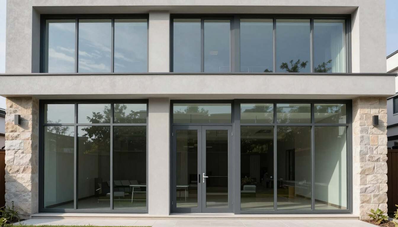 Fachada de edificio moderno con grandes puertas y ventanas de vidrio, enmarcada por columnas de piedra y un nivel superior gris.
