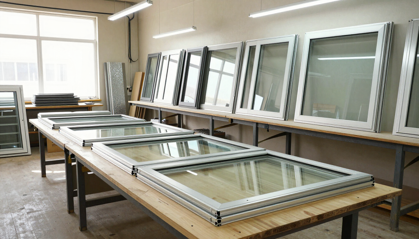 Taller con varias ventanas grandes o marcos dispuestos sobre mesas de madera en una habitación luminosa.