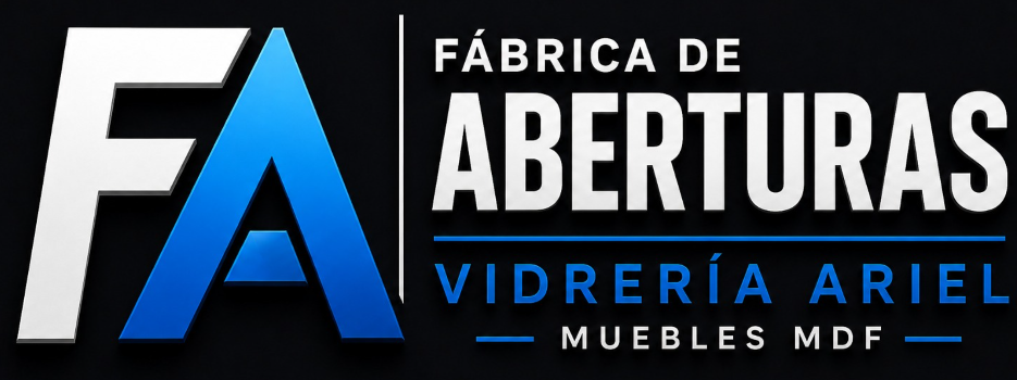 Logo de “FA Fábrica de Aberturas”, con letras blancas y azules sobre fondo negro.