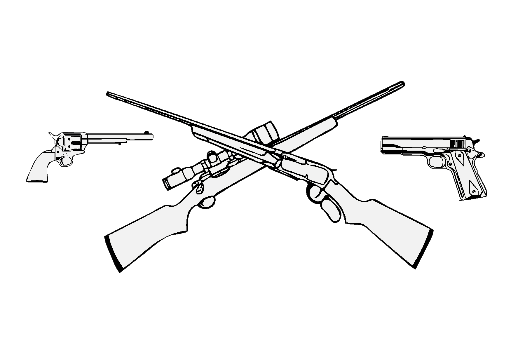Two crossed rifles with a revolver and pistol on either side.
