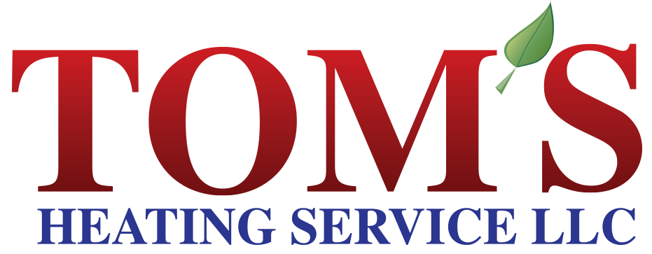TOMS Heating Service LLC logo in red and blue with green leaf accent