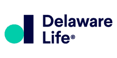 A delaware life logo with a blue circle in the middle.