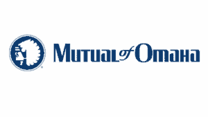 The mutual of omaha logo is blue and white on a white background.
