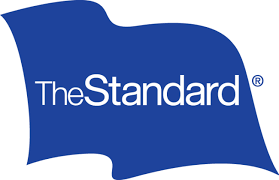 A blue and white the standard logo on a white background