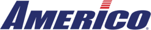 A blue and red americanco logo on a white background
