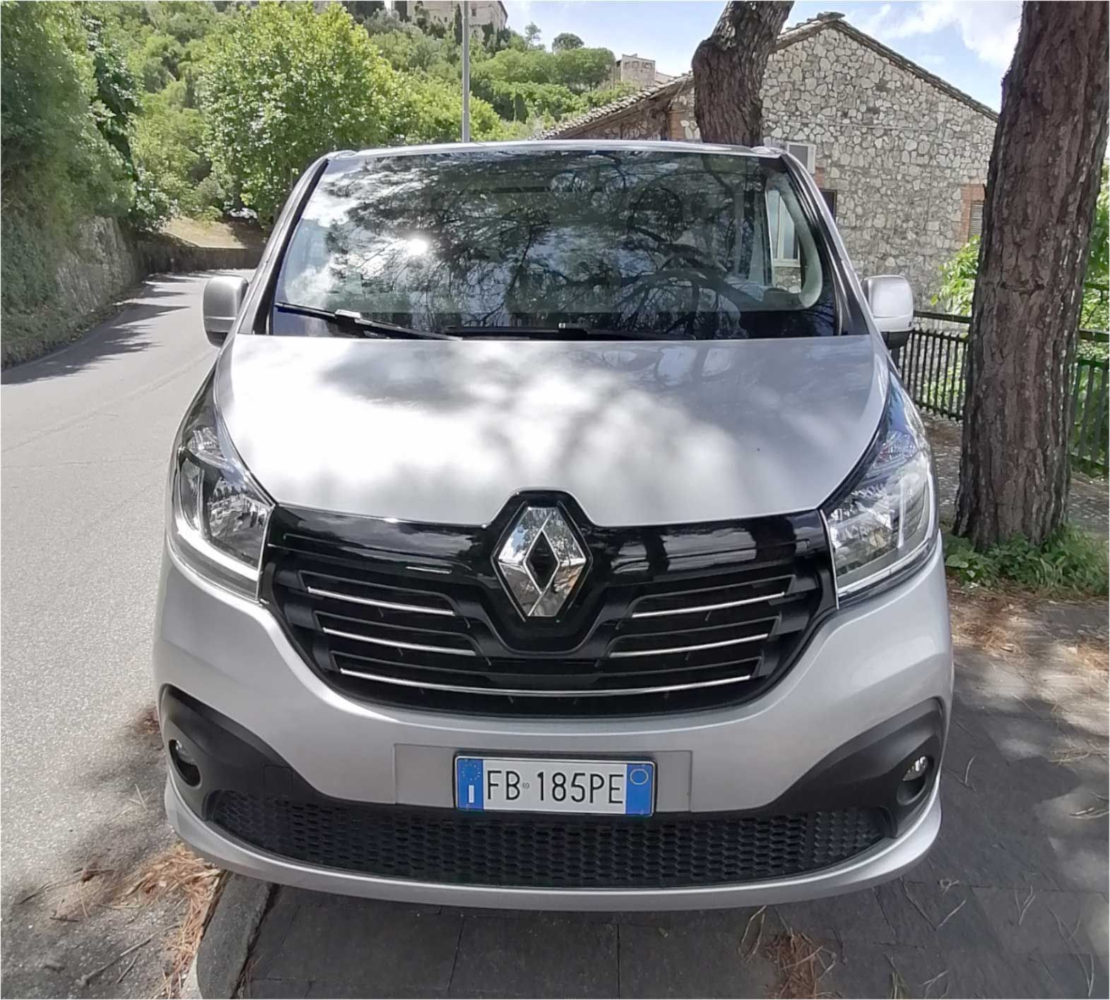 Vista frontale di un furgone Renault color argento parcheggiato sul ciglio di una strada alberata.