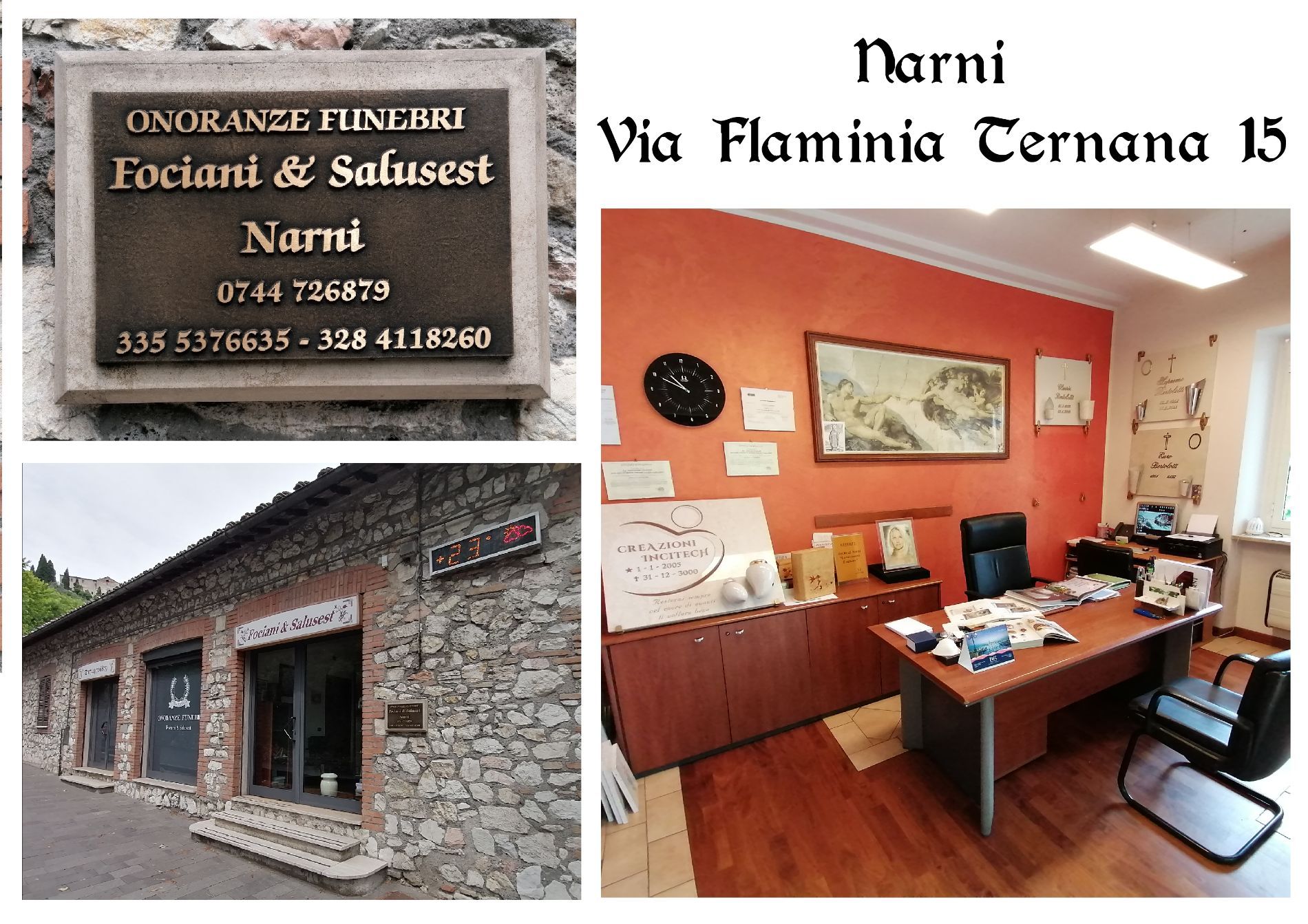 Collage di un esterno di un ufficio in pietra, insegna aziendale e interni di un ufficio dai toni caldi con scrivanie e sedie.