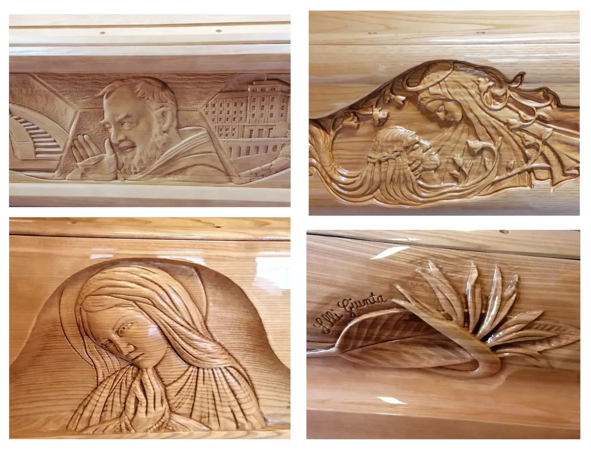 Quattro pannelli in legno intagliato a rilievo raffiguranti ritratti, una figura sdraiata e motivi astratti fluidi.