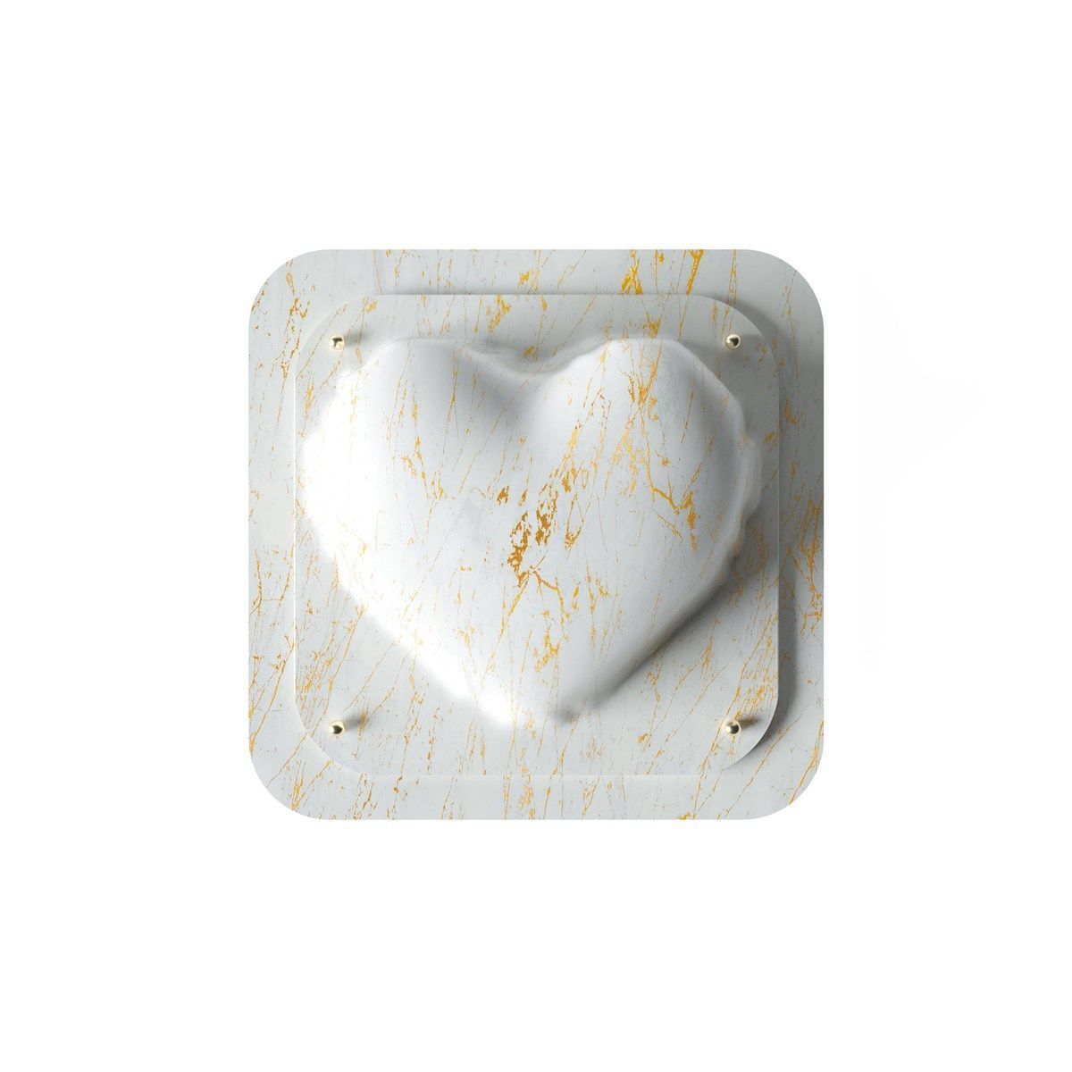 Saponetta o caramella bianca a forma di cuore su uno sfondo quadrato grigio.