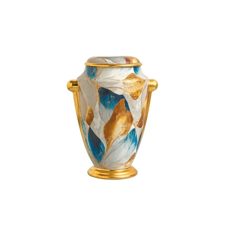 Vaso decorativo in ceramica oro e blu con motivo geometrico su sfondo bianco.