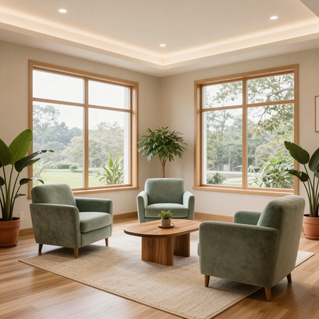 Gezellige woonkamer met saliegroene stoelen, houten salontafel, grote ramen en uitzicht op de tuin.