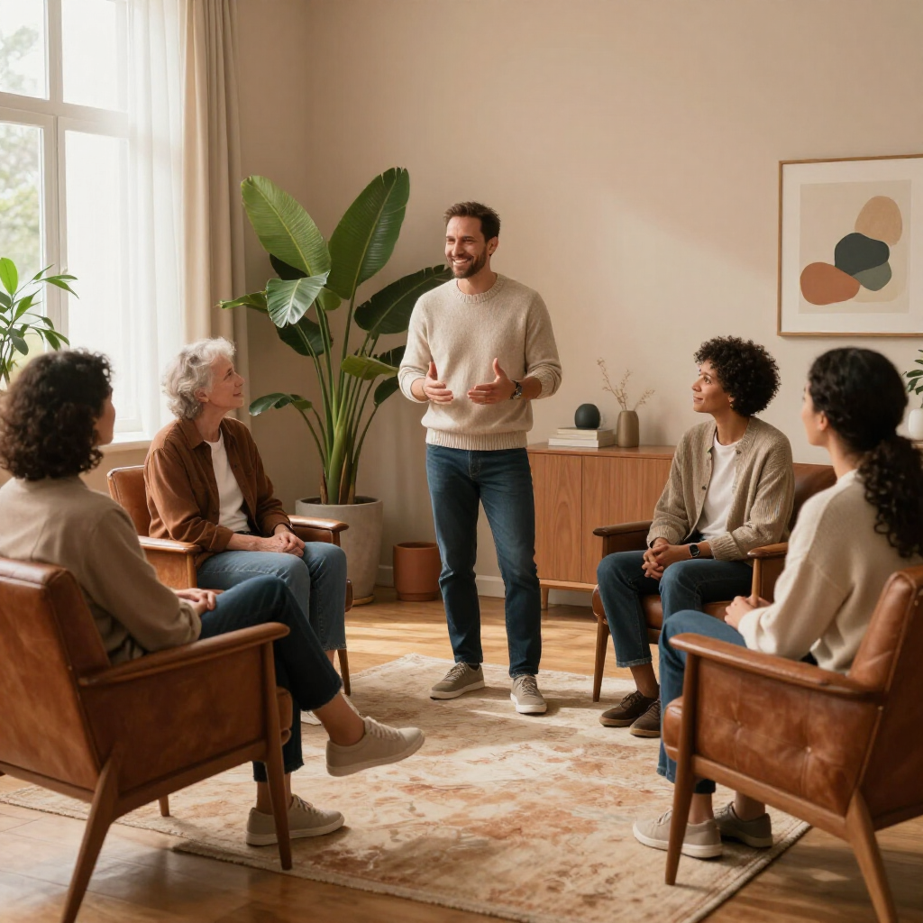 Een therapeut leidt een groepsgesprek in een lichte, gezellige woonkamer.