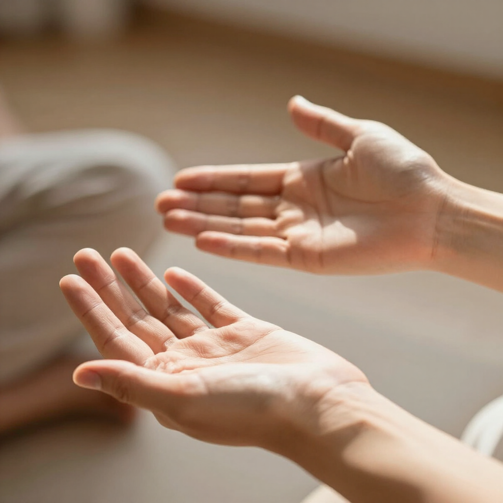 Open handen in een zacht verlichte meditatiehouding op een neutrale vloer, met een andere persoon wazig op de achtergrond.