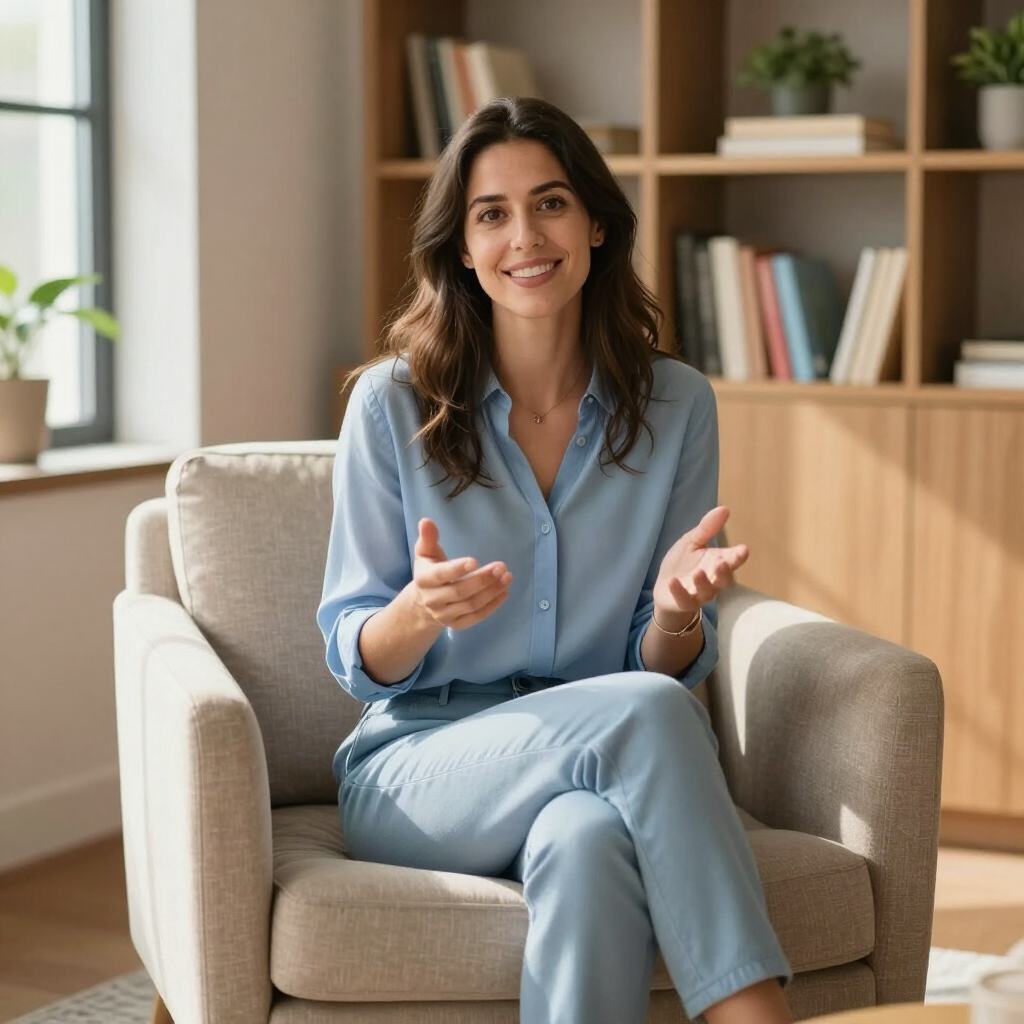 Vrouw in een lichtblauwe outfit pratend vanuit een beige fauteuil in een lichte woonkamer.