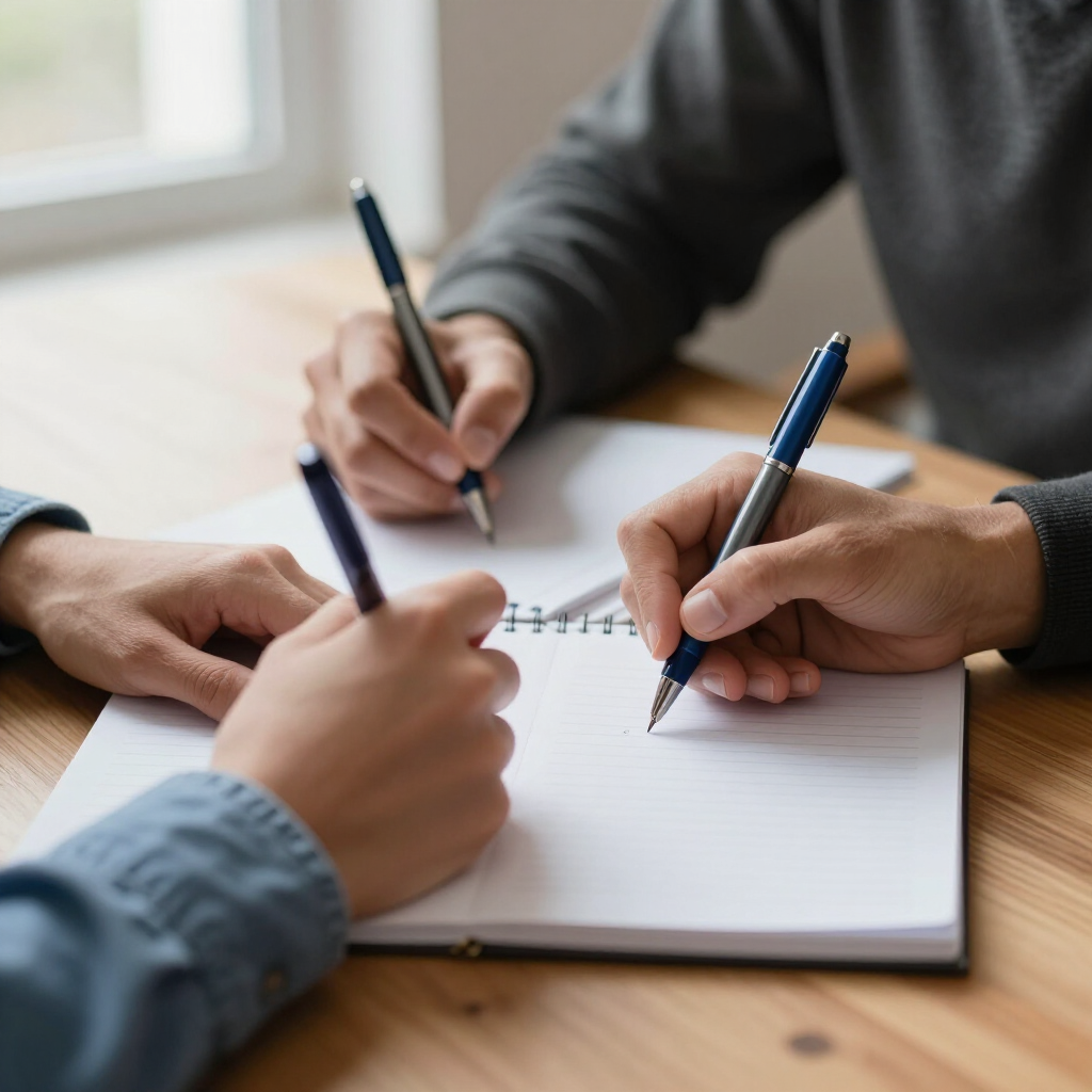 Drie handen schrijven met blauwe pennen in een spiraalblok aan een tafel.