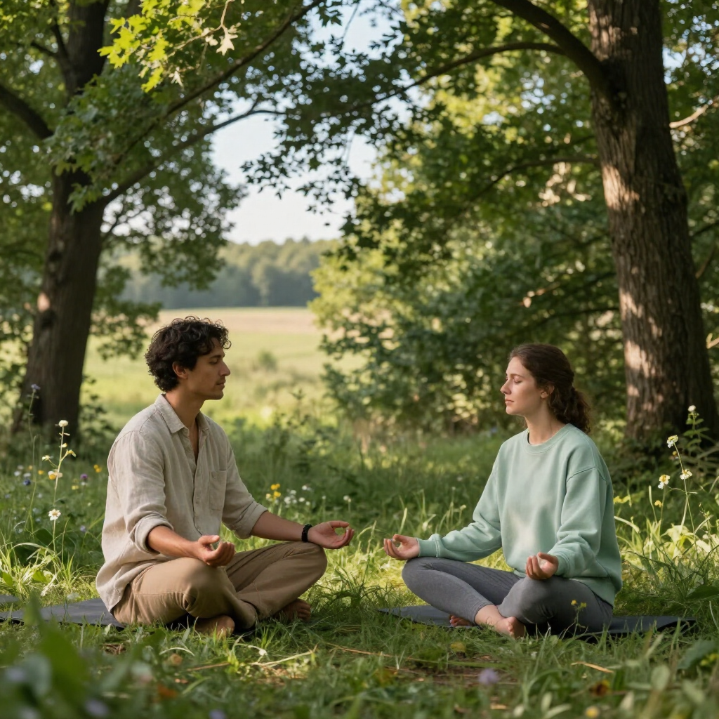 Twee mensen zitten met gekruiste benen in een grasveldje, tegenover elkaar in een rustige meditatiehouding.