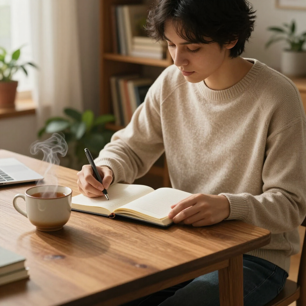 Iemand die in een notitieboekje schrijft aan een houten tafel naast een dampende kop koffie in een gezellige kamer.