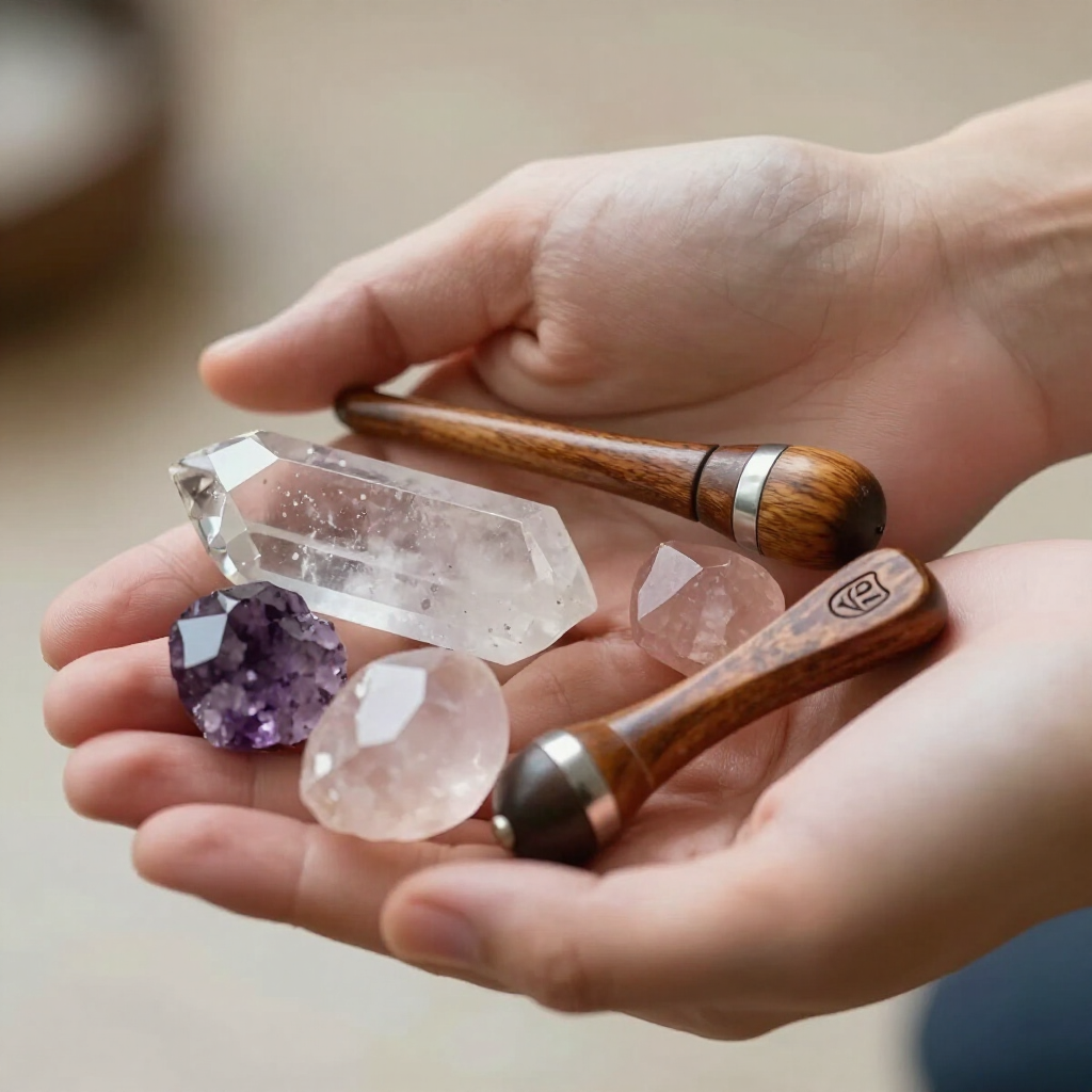 Handen die heldere en paarse kristallen vasthouden, samen met twee houten massage-instrumenten.