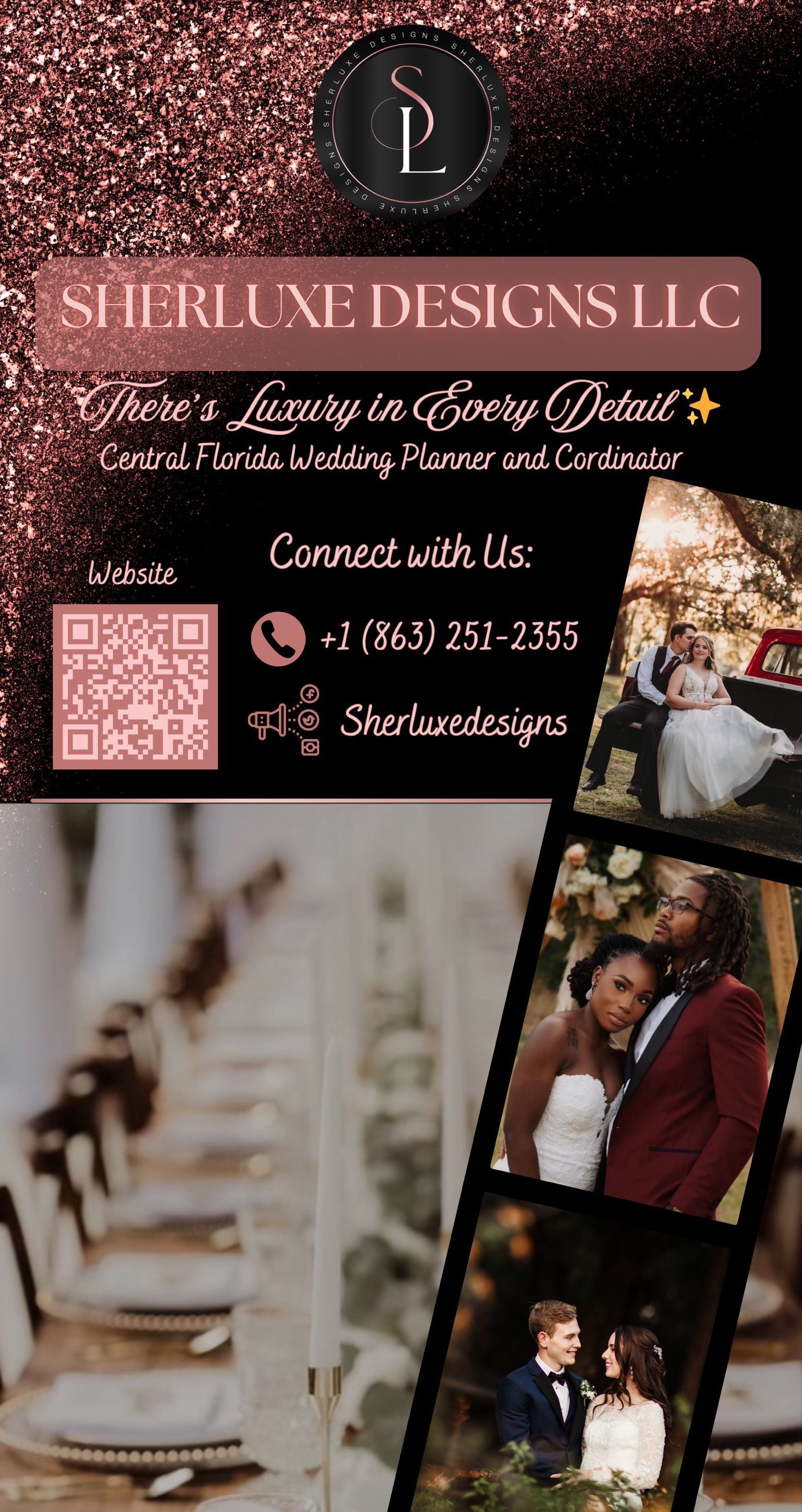 A brochure for sheri luxe designs llc shows a bride and groom sitting at a table.