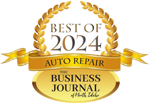 Best of 2024 Auto Repair award logo from The Business Journal of North Idaho. Gold laurels, banner, and oval. Best of 2024 Auto Repair award logo from The Business Journal of North Idaho. Gold laurels, banner, and oval.