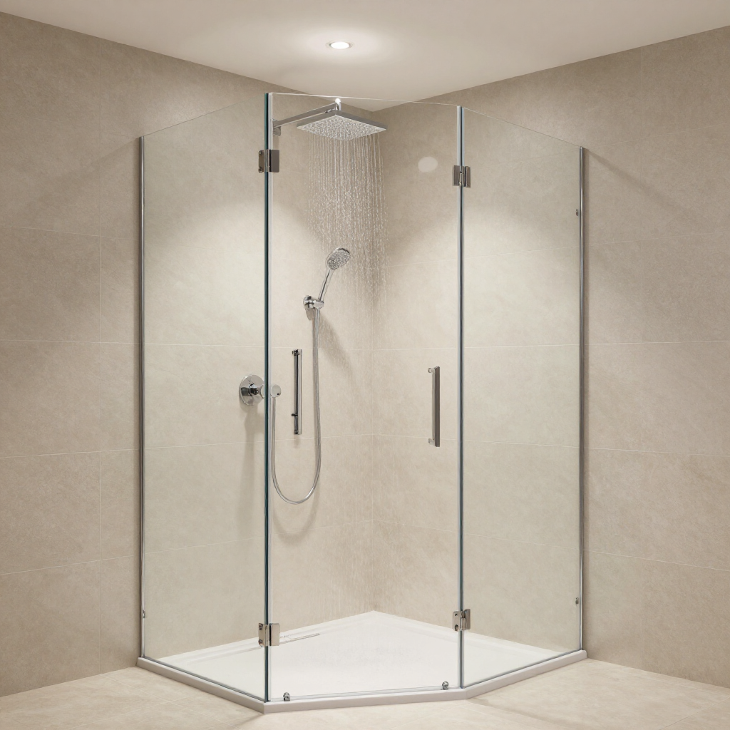 Modern corner shower with clear glass doors, white tile floor, and chrome fixtures