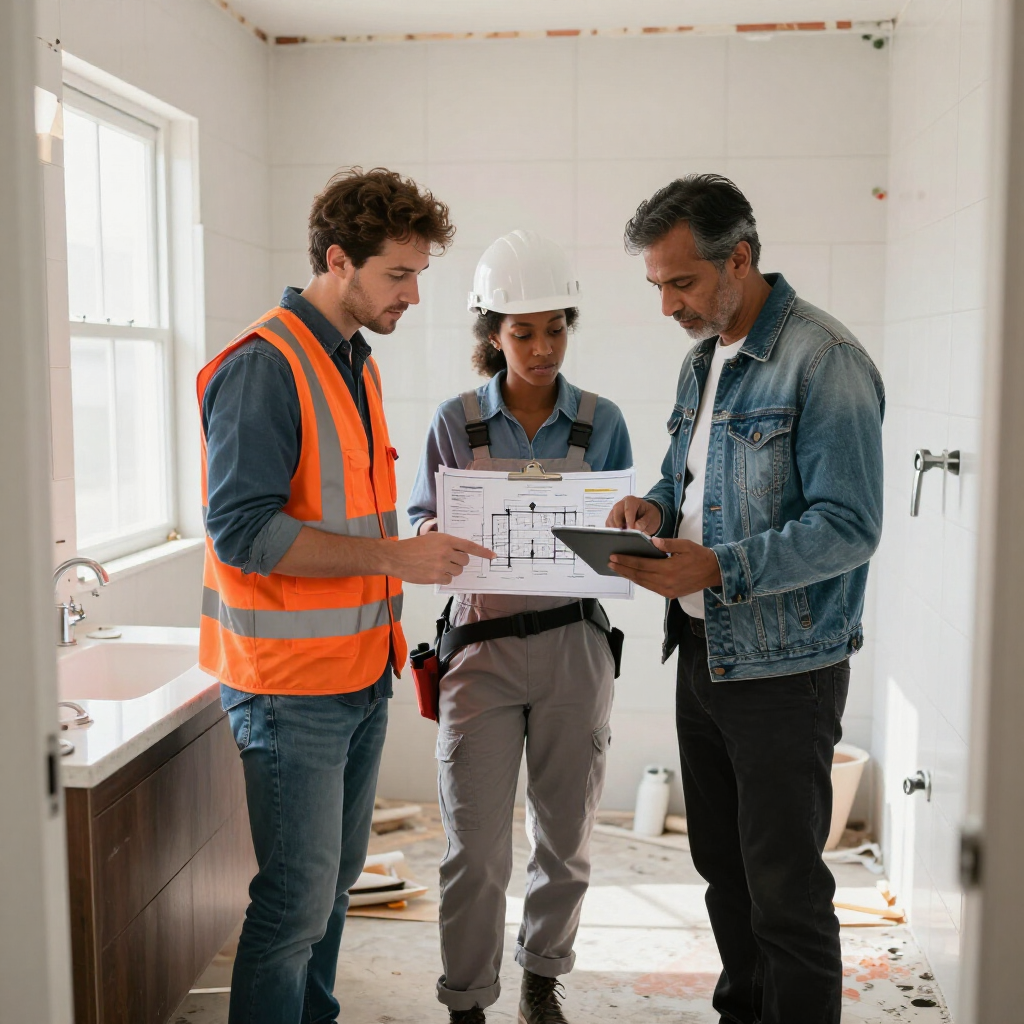 Three people reviewing blueprints in a bright bathroom under renovation