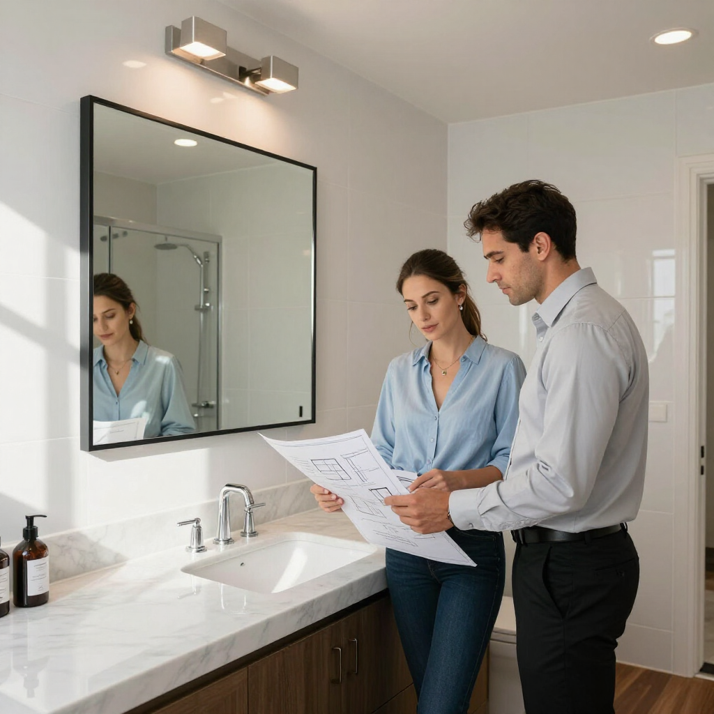 Two people reviewing paperwork in a bright bathroom with a vanity, mirror, and shower visible.