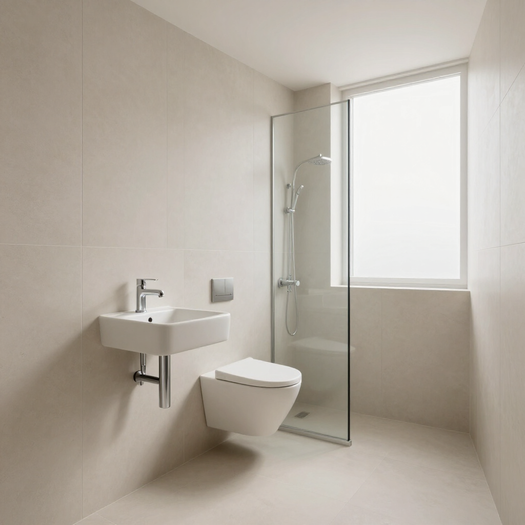 Minimalist white bathroom with wall-mounted sink, toilet, glass shower, and frosted window.