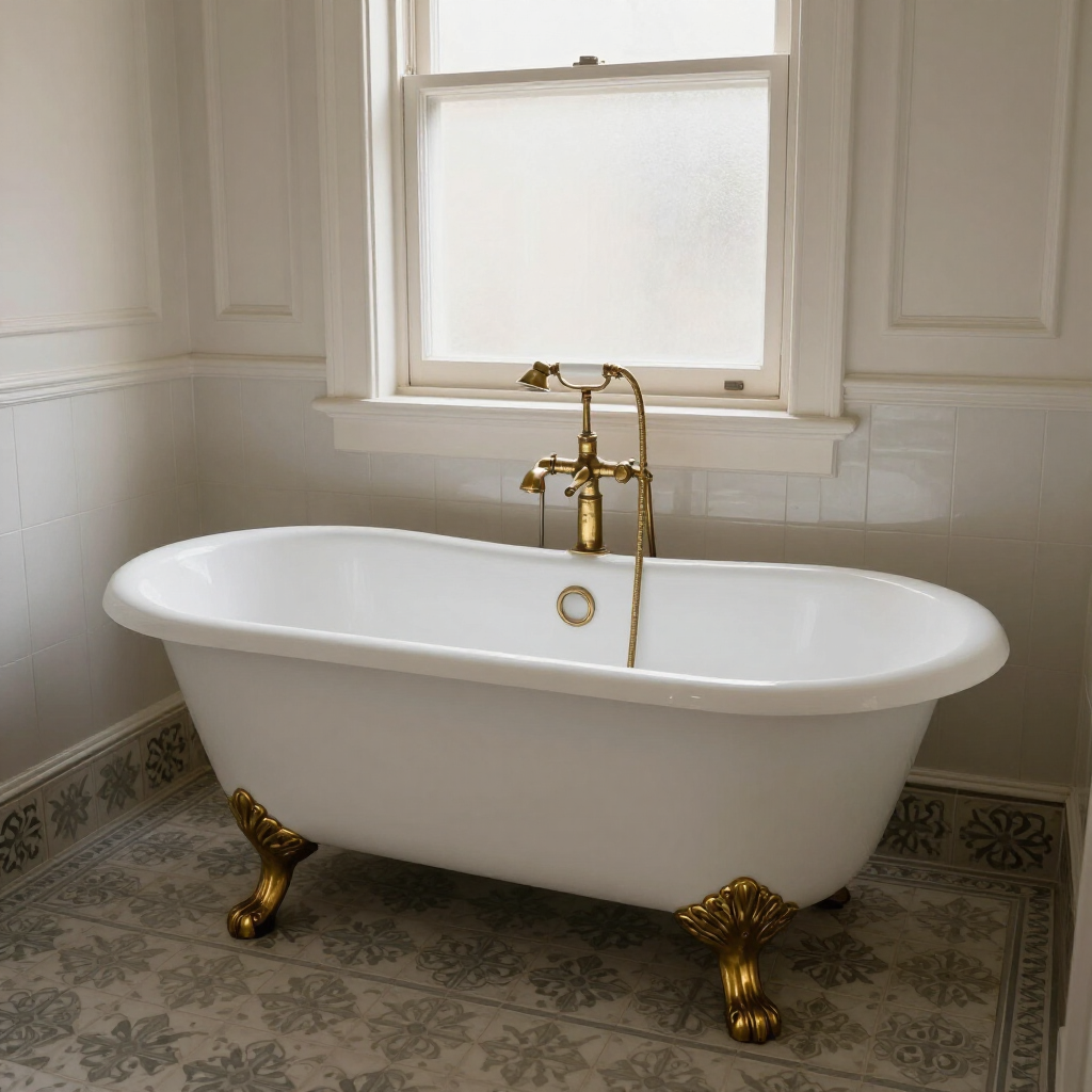 Freestanding white clawfoot bathtub with gold fixtures in a tiled bathroom beneath a window