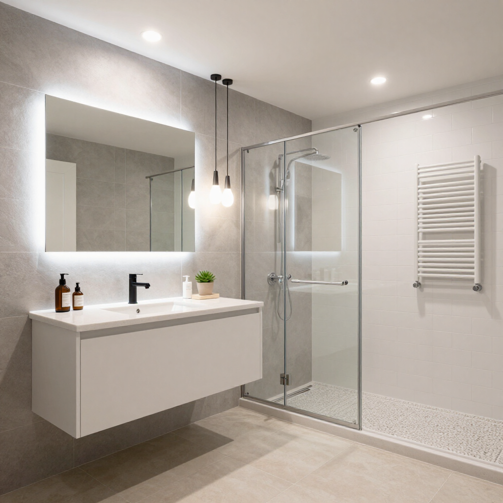 Modern white bathroom with floating vanity, lit mirror, glass shower, and wall-mounted towel radiator
