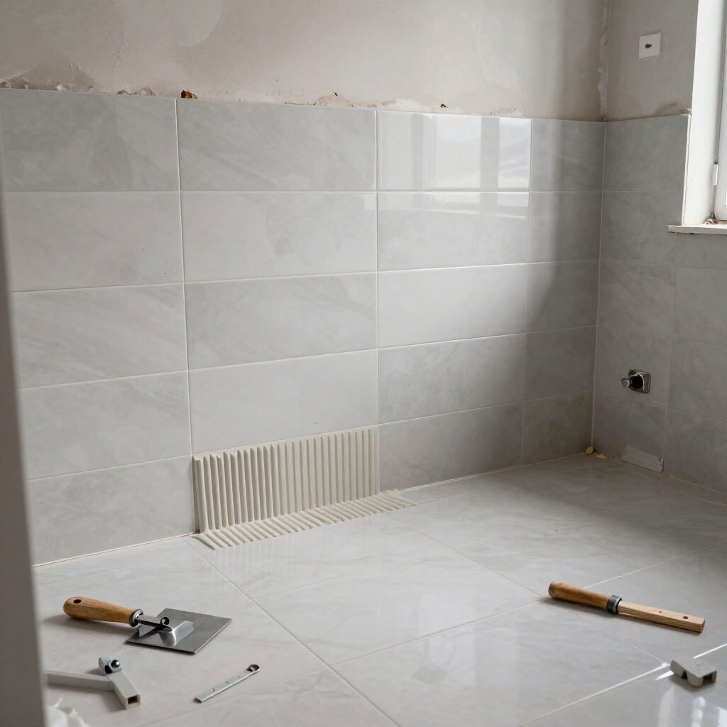 Tiled bathroom under renovation with tools on the floor and unfinished walls.