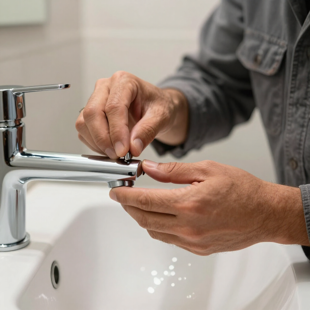 Hands adjusting a chrome faucet aerator over a white sink