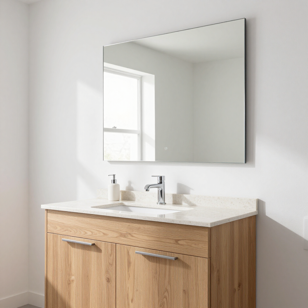 Modern bathroom vanity with wood cabinets, white countertop, chrome faucet, and wall mirror