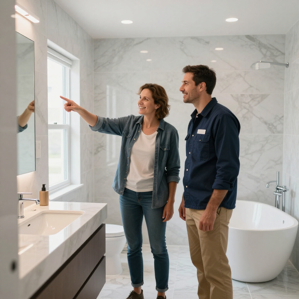 Two people discussing a bathroom remodel in a bright modern bathroom