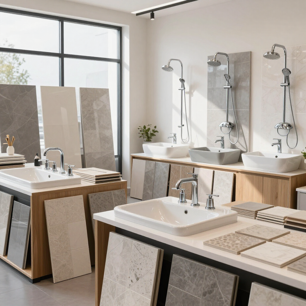 Modern bathroom showroom with freestanding sinks, large mirrors, and stone tile displays