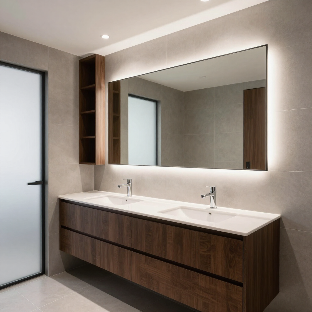 Modern bathroom vanity with double sinks, large mirror, and warm wood cabinetry