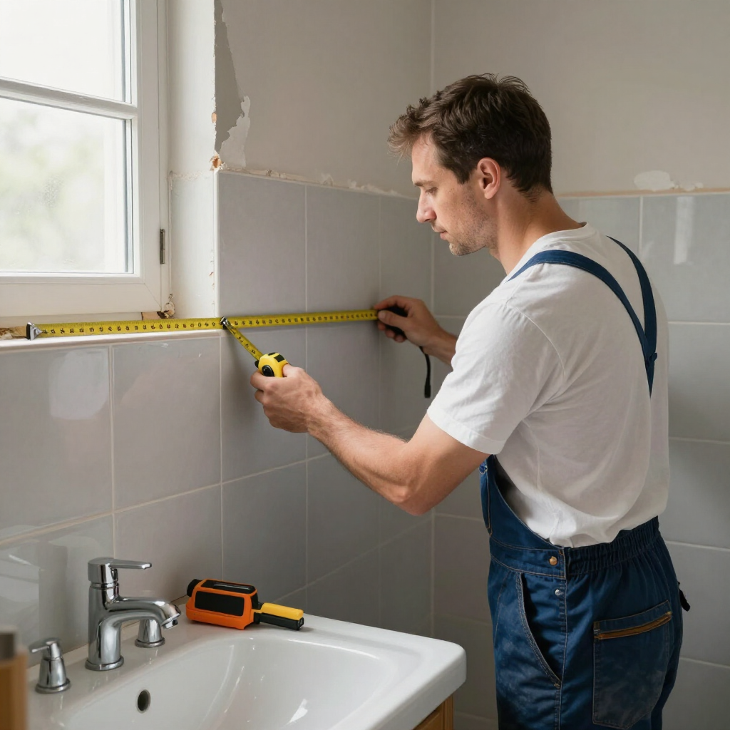 Man measuring a tiled bathroom wall with a tape measure beside a sink and window