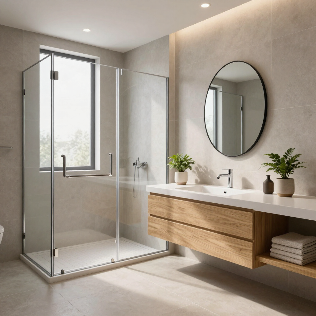 Modern bathroom with glass shower, floating wood vanity, round mirror, and potted plants