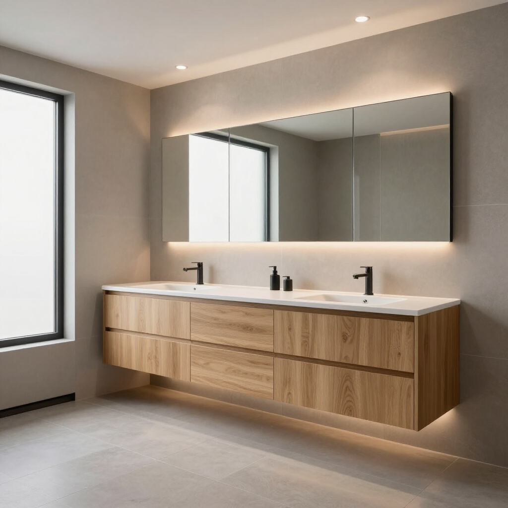Modern bathroom with floating wood vanity, double sinks, large mirror, and soft wall lighting