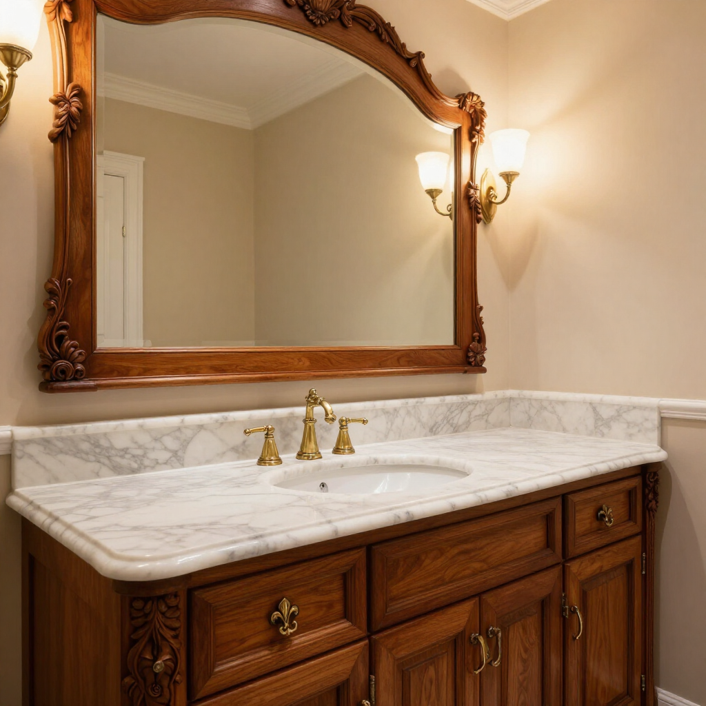 Elegant bathroom vanity with marble countertop, gold faucet, and ornate wooden-framed mirror